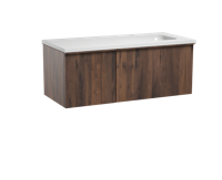 Balmani Forma zwevend badkamermeubel 120 x 55 cm amerikaans notenhout met Tablo Radiante asymmetrisch rechtse wastafel in glanzend composiet marmer