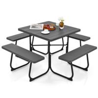 Picknicktafel Set met 4 Ingebouwde Banken Tuinset Vierkante Picknicktafel met Gat voor Parasol voor Zwembadtuin 170 x 170 x 76 cm