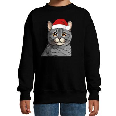 Kersttrui / sweater katten/poezen - kinderen - grijze kat/poes - zwart - kerstmuts - Kerstmis Kersttrui / sweater katten/poezen - kinderen - grijze kat/poes - zwart - kerstmuts - Kerstmis