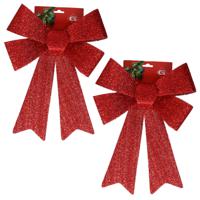 Grote decoratie strikken - 2x st - 42 cm - rood - glitter - kunststof - kerststrik - thumbnail