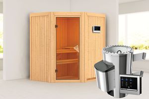 Karibu | Tonja Sauna met Dakkraag | Bronzeglas Deur | Kachel 3,6 kW Externe Bediening