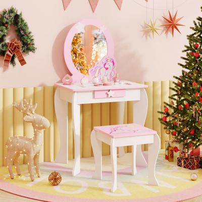 Houten Kinderkaptafel met Krukje & Uitneembare Spiegel & Lade Wit