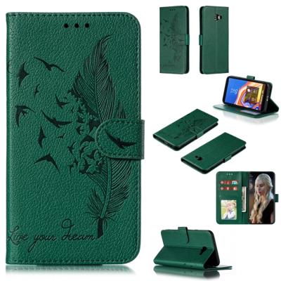 Feather patroon Litchi textuur horizontale Flip lederen draagtas met portemonnee & houder & kaartsleuven voor Galaxy J4 + (groen)