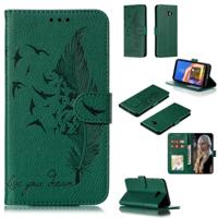 Feather patroon Litchi textuur horizontale Flip lederen draagtas met portemonnee & houder & kaartsleuven voor Galaxy J4 + (groen)