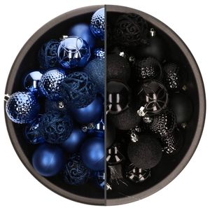 74x stuks kunststof kerstballen mix van kobalt blauw en zwart 6 cm - Kerstbal