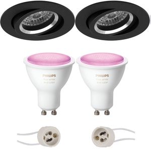 Pragmi Aerony Pro - Inbouw Rond - Mat Zwart - Kantelbaar - Ø82mm - Philips Hue - LED Spot Set GU10 - White and Color Ambiance - Bluetooth