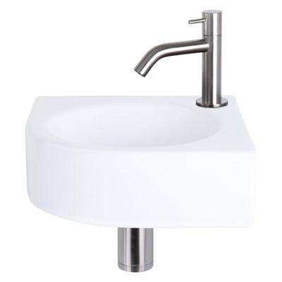 Differnz Cleo fonteinset - 30x30x10cm - Kwartrond - 1 kraangat - Gebogen matte chromen kraan - Keramiek Wit 38.401.10
