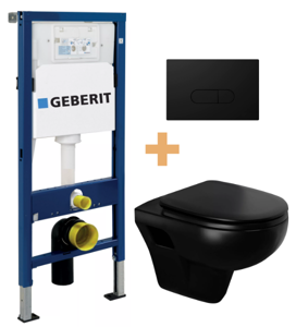 Linie Enzo mat zwart randloos met luxe wc-bril en Geberit Duofix UP100 Delta inbouwreservoir met bedieningspaneel