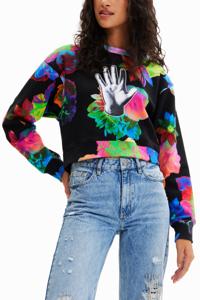 Kort sweatshirt met bloemen en hand - BLACK - S