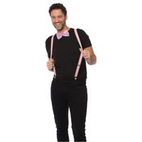 Carnaval verkleedset bretels en strik - licht roze - volwassenen/unisex - feestkleding accessoires - thumbnail