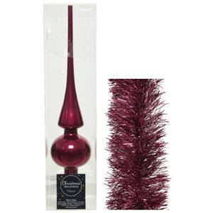 Kerstversiering glazen piek glans 26 cm en folieslingers pakket framboos roze van 3x stuks