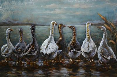 Schilderij - Metaalschilderij - 8 Gansen op een rij langs het water
