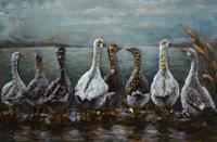 Schilderij - Metaalschilderij - 8 Gansen op een rij langs het water