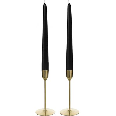 Kandelaars 2x aluminium goud 15 cm met 12x zwarte dinerkaarsen