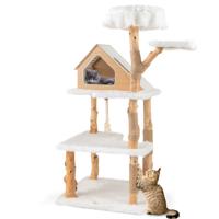 Moderne Massief Houten Kattenboom 150 cm 2 Zitstokken Jute Krabpalen Sisaltouw Lang Zacht Pluche Klimmeubels voor Katten Wit