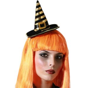 Halloween heksenhoed - mini hoedje op diadeem - one size - zwart/oranje - meisjes/dames