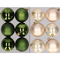 12x stuks kunststof kerstballen mix van donkergroen en champagne 8 cm