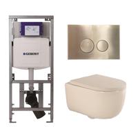 QeramiQ Dely Swirl Toiletset - 36.3x51.7cm - Geberit UP320 Burda inbouwreservoir - 35mm zitting - geborsteld messing bedieningsplaat - ronde knoppen - beige 0701131/SW706200/SW1000771/SW1026259