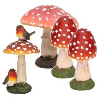 Decoratie paddenstoelen setje met 3x gewone paddenstoel en 1x met vogeltjes - thumbnail