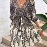 Bon&Bon Paisley Print Boho Beach Dress - Batwing Sleeve Ruffle Hem Multicolor / XS