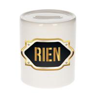 Spaarpot met voornaam Rien - wit - goud/zwart embleem - 8 x 9 cm - keramiek - afsluitdop
