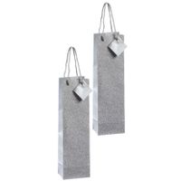 Set van 4x stuks luxe papieren wijn/drank giftbags/cadeau tasjes zilver met glitters 10 x 35 x 8 cm