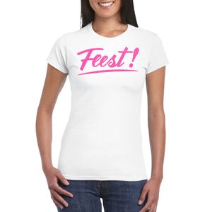 Verkleed T-shirt voor dames - feest - wit - roze glitter - carnaval/themafeest