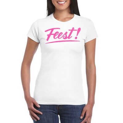 Verkleed T-shirt voor dames - feest - wit - roze glitter - carnaval/themafeest