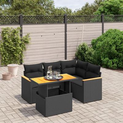 5-delige Loungeset met kussens poly rattan zwart