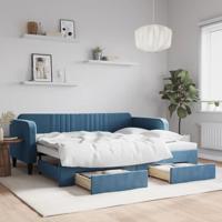 Slaapbank met onderschuifbed en lades 90x200 cm fluweel blauw