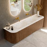 Mondiaz KURVE-DLUX 170 cm Onderkast Greeploos 1 Lade Met Deuren Walnut, Wastafel Solid Surface Dubbel Frappe 0 Kraangaten Zonder Spiegel (KRVLEA170L+R1L2D0KD-Wal/Fra)