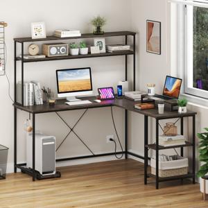 L-vormige Gaming Bureau met LED-strips & Stopcontacten Hoekbureau Computerbureau Grijs