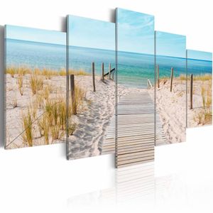 Schilderij - Naar de Noordzee, 5luik , beige blauw ,  wanddecoratie , premium print op canvas