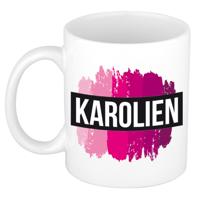 Karolien naam cadeau koffie mok - beker - met roze verfstrepen - Cadeau collega - moederdag