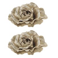 4x stuks decoratie bloemen roos champagne glitter op clip 10 cm