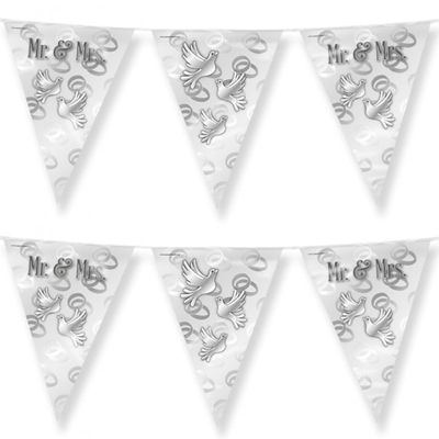 3x Stuks Paperdreams Vlaggenlijn - Mr. & Mrs huwelijks feest/party - zilver/wit - 10m