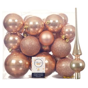 Set van 26x stuks kunststof kerstballen incl. glazen piek glans toffee bruin   -