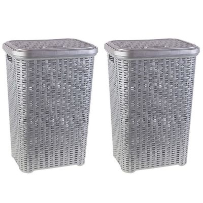 2x stuks grote rotan wasmand met deksel van 60 liter in het zilver grijs