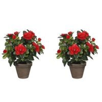 2x Groene Azalea kunstplanten met rode bloemen 27 cm met pot stan grey - Kunstplanten