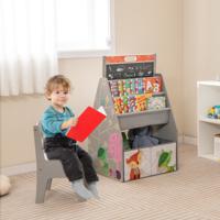 3-In-1 Kindertafel Kunstschildersezel en Krijtbord Kinderzitgroep met Magnetisch Bord Whiteboard Stoffen Mand en Boekenkast (Grijs)