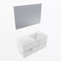 MONDIAZ VICA 100cm badmeubel onderkast Carrara 2 lades. Wastafel CLOUD rechts zonder kraangat, kleur Talc met spiegel LED.
