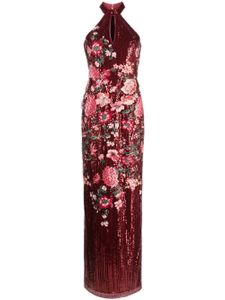 Marchesa Notte robe longue brodée de sequins à dos-nu - Rouge