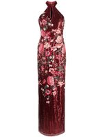 Marchesa Notte robe longue brodée de sequins à dos-nu - Rouge