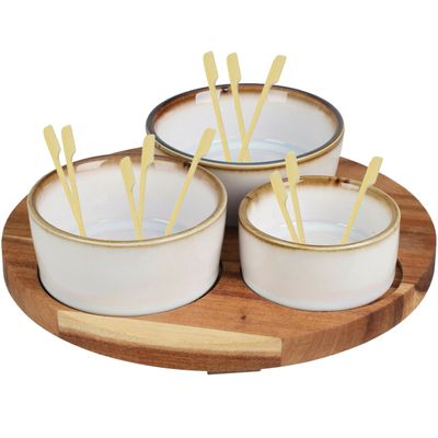 Serveerplank acacia hout D20 cm met 3x luxe keramiek schaaltjes incl. 50x cocktailprikkers