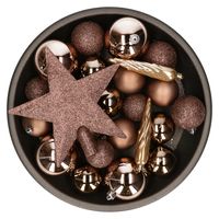 Set van 33x stuks kunststof kerstballen met ster piek walnoot bruin mix   -