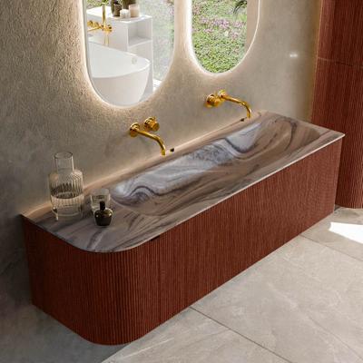Badmeubel Mondiaz Kurve-Dlux | 145 cm | Meubelkleur Ruby | Wastafelkleur Sombra | Solid surface | Wasbak rechter zijde spoelbak | Zonder kraangat(en)