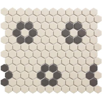 The Mosaic Factory London Mozaiek Tegel Hexagon - Wit/Zwart Porselein Ongeglazuurd, 4 black flowers 260x300 mm