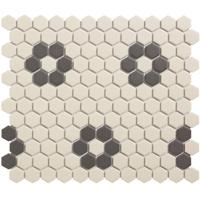 The Mosaic Factory London Mozaiek Tegel Hexagon - Wit/Zwart Porselein Ongeglazuurd, 4 black flowers 260x300 mm