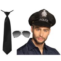 Carnaval verkleedkleding set - politiepet - spiegel zonnebril en stropdas - zwart - heren/dames - thumbnail