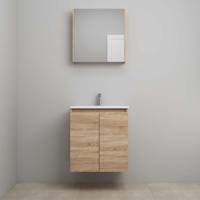 On-Line Badkamermeubelset - 60 cm - Voorgemonteerd - Greeploos 2 Deuren - Acryl Wastafel - 1 Kraangat - Spiegelkast - Eiken